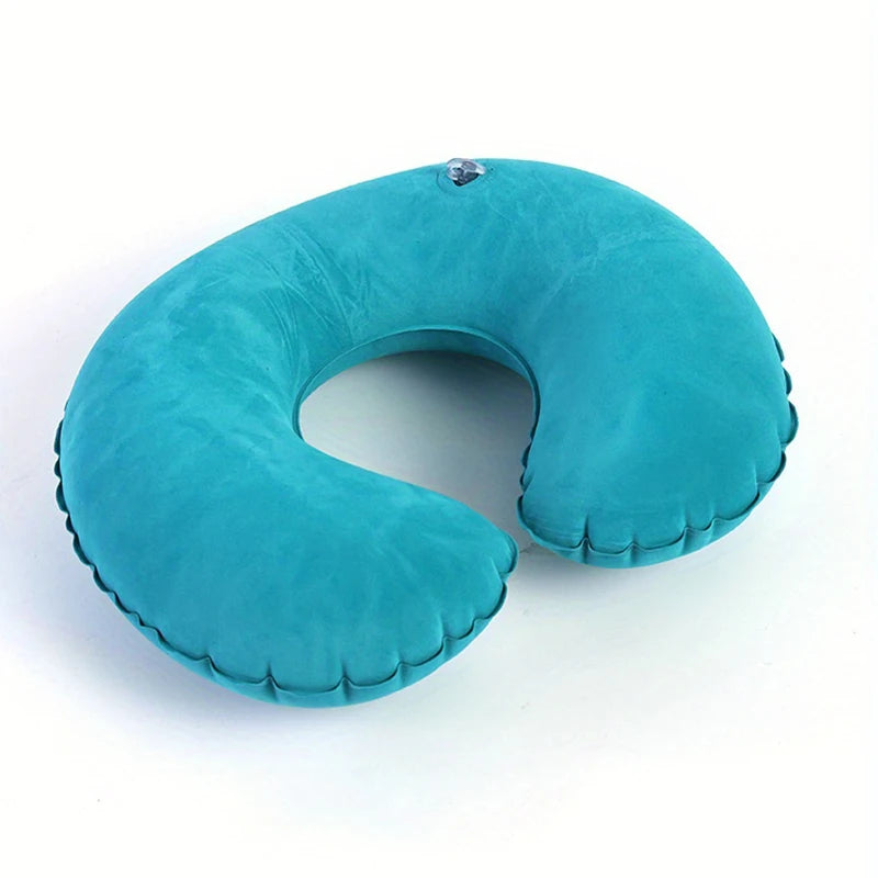 A teal inflatable U-shaped travel pillow designed for neck comfort.
