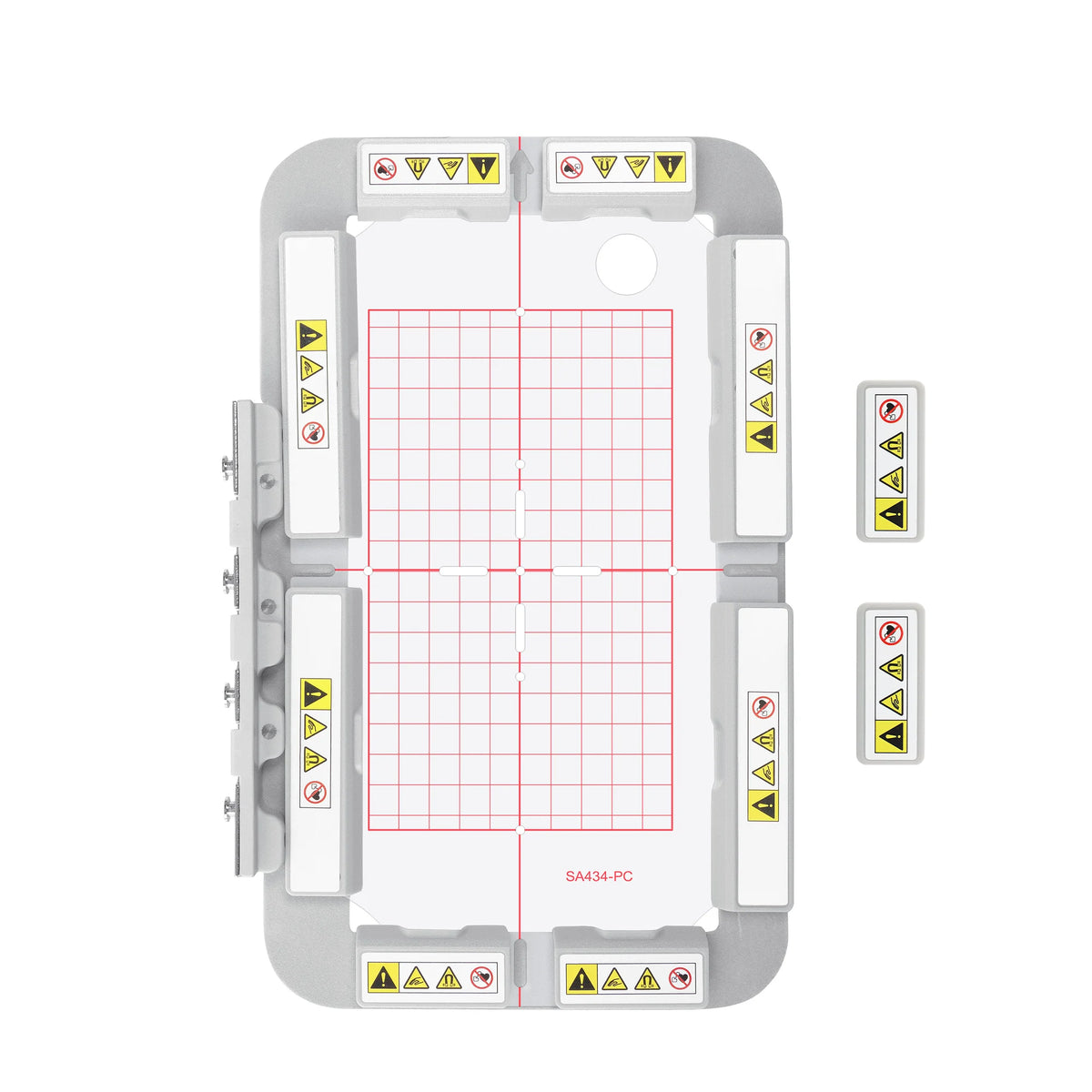 A magnetic embroidery hoop with a grid pattern and various safety indicators for sewing machines.