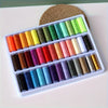A plastic box filled with 39 colors of high-strength polyester sewing thread spools, resting on a white surface.