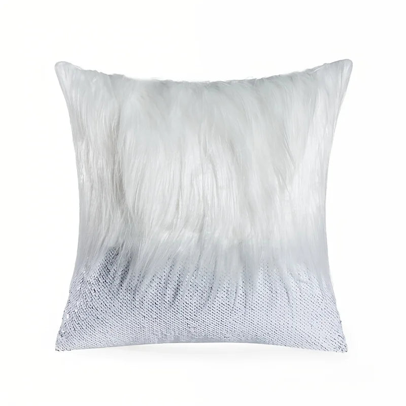 A white cushion cover made of soft, fluffy fur with a mesh backing.