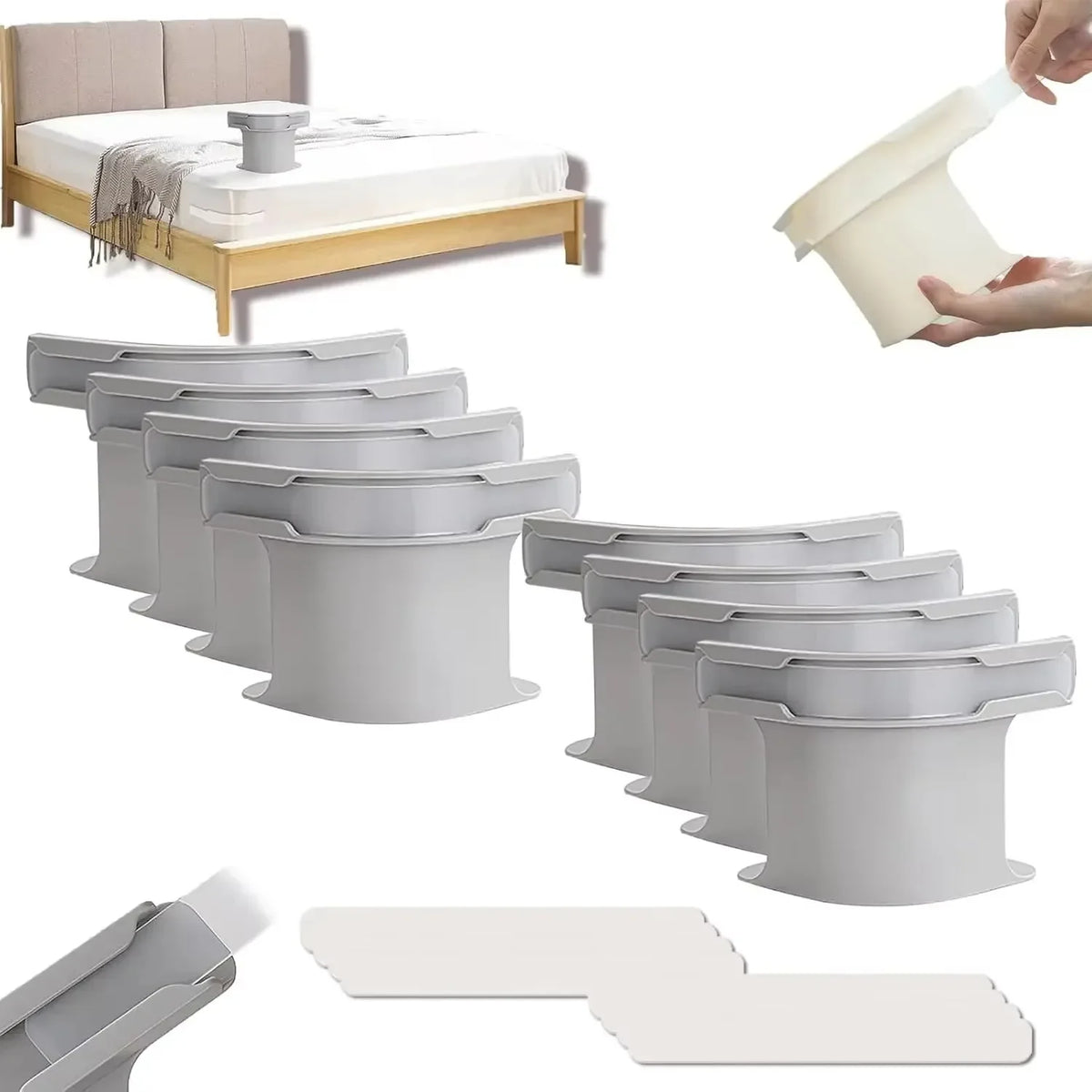 A set of heavy duty bed sheet corner tightener clips in a beige color, shown with a bed and various clip sizes.