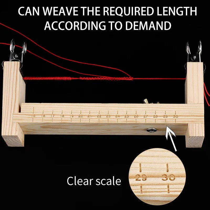 Solid wood braiding frame with a clear scale showing measurements for making bracelets.