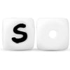 A white silicone alphabet bead shaped like the letter S is shown next to a blank bead.