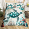 A sea turtle patterned duvet cover set featuring teal and green marine life illustrations.