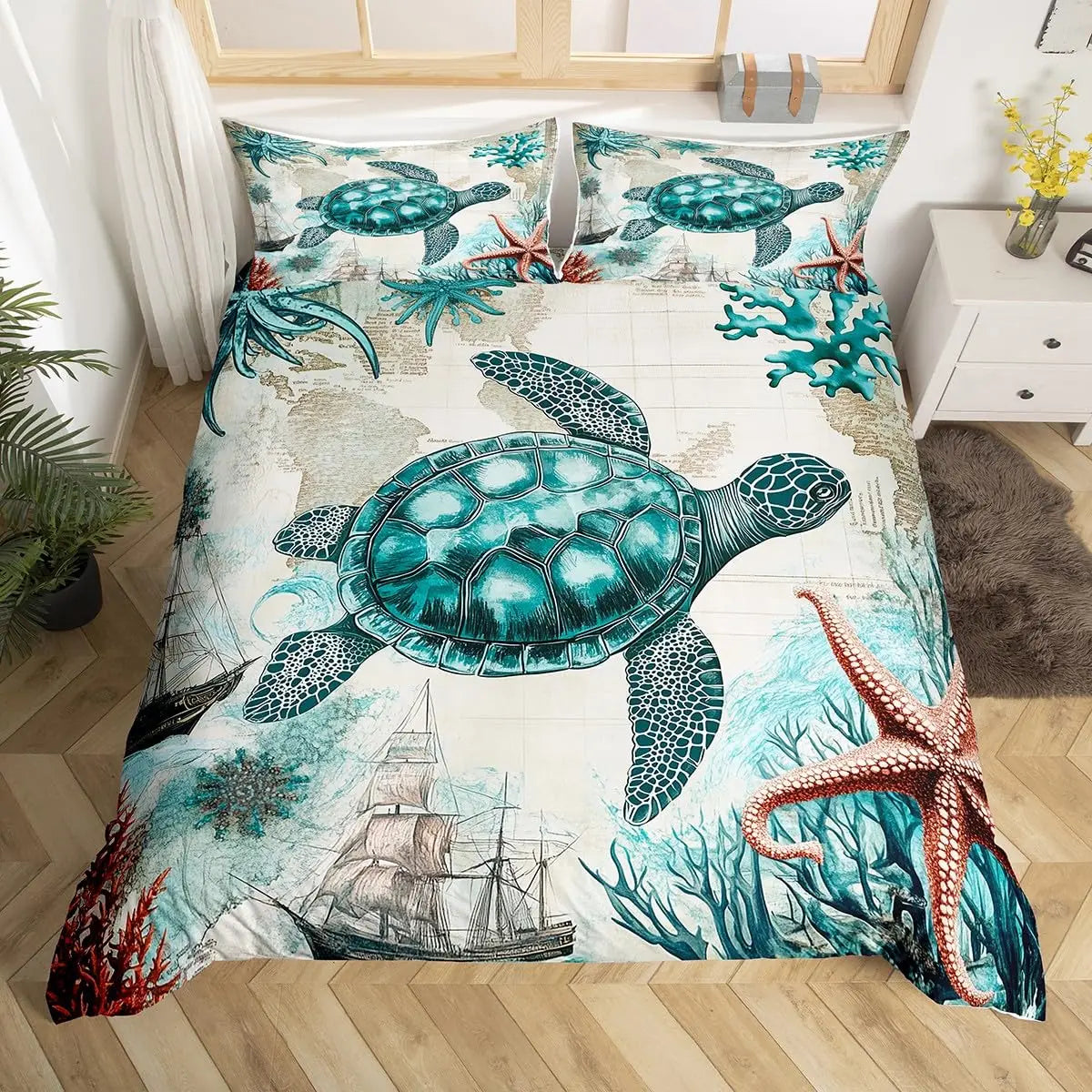 A sea turtle patterned duvet cover set featuring teal and green marine life illustrations.