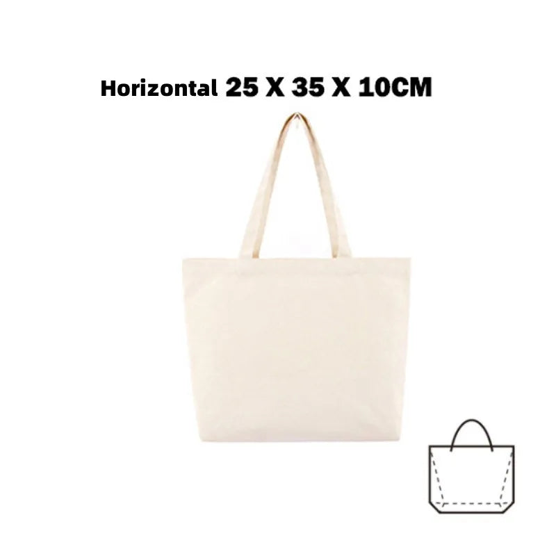 A beige canvas tote bag with handles shown flat.
