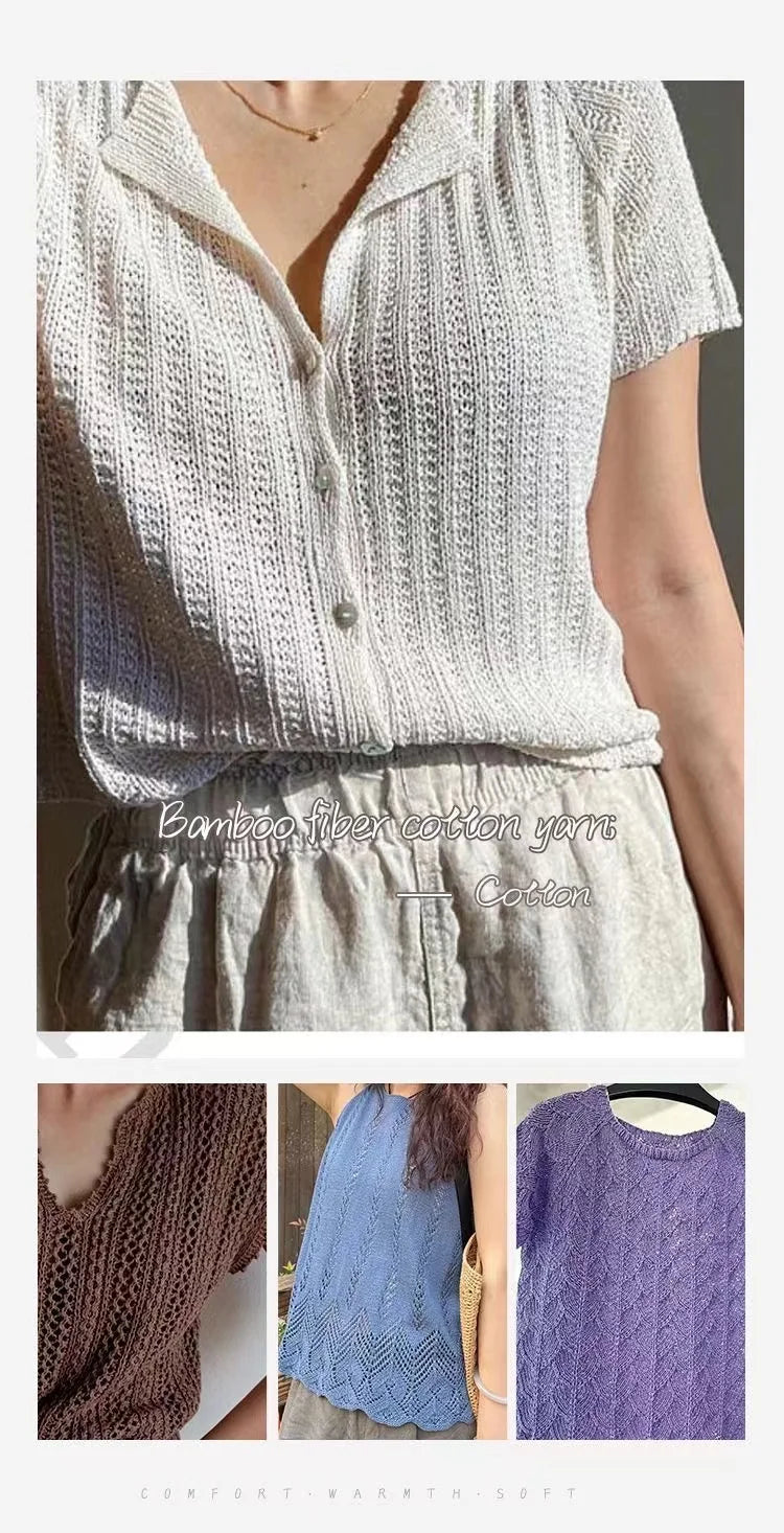 Close-up of a white knitted cotton shirt top displayed on a model.