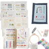A collection of hand embroidery kits featuring various stitches and designs for adult learners.