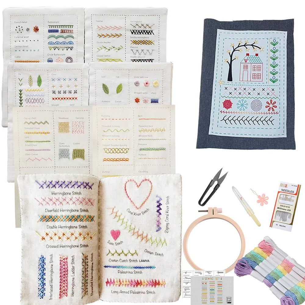 A collection of hand embroidery kits featuring various stitches and designs for adult learners.