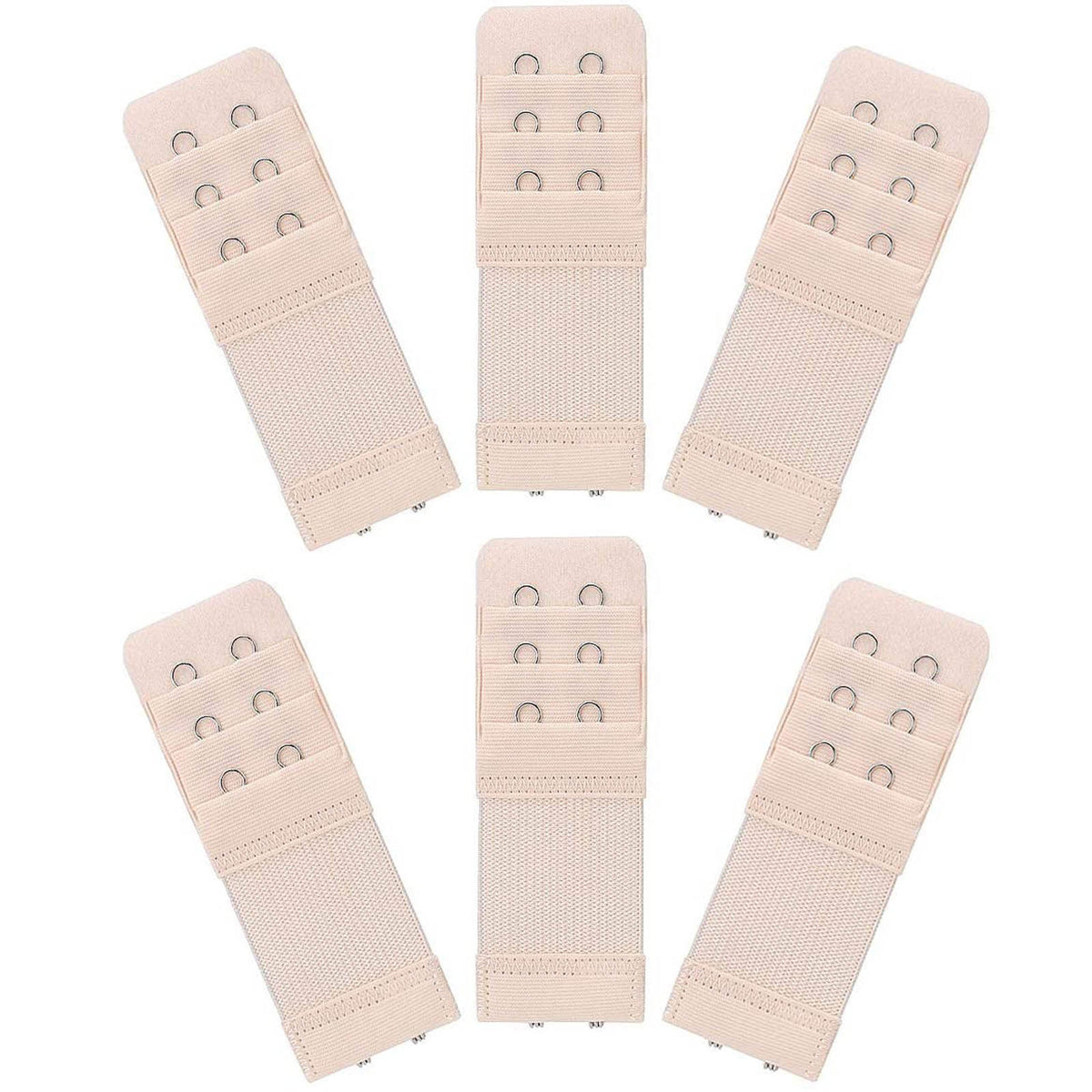 A set of five beige adjustable bra extender straps shown individually.