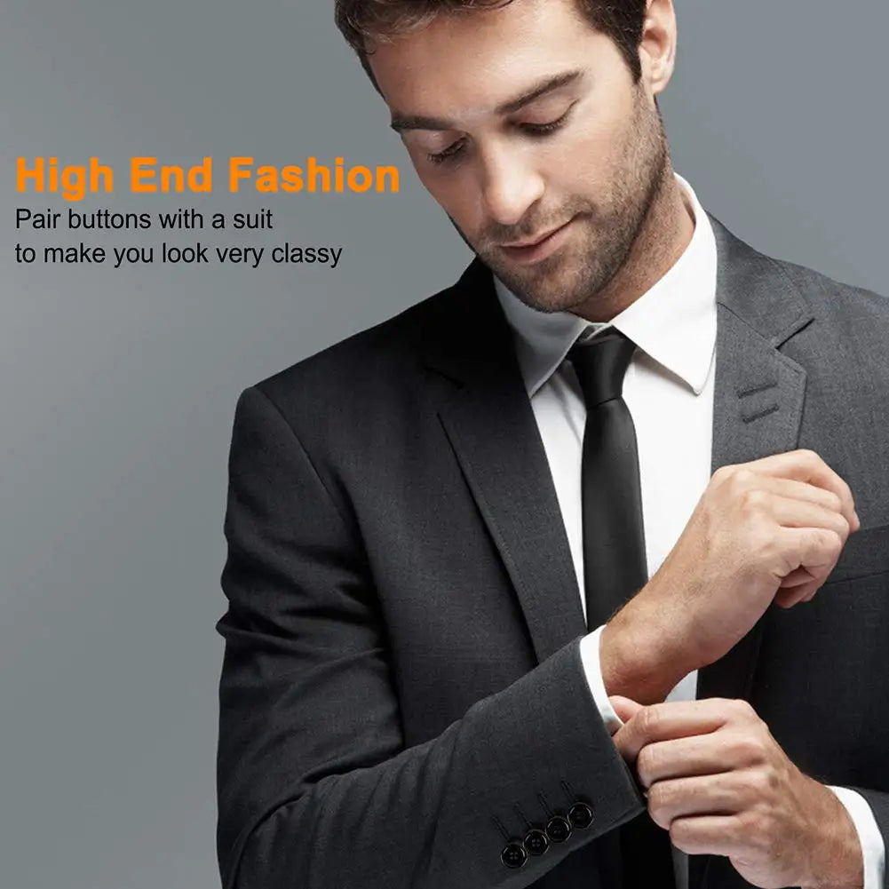 A man is shown putting on a suit jacket, highlighting the use of pair buttons for classy attire.