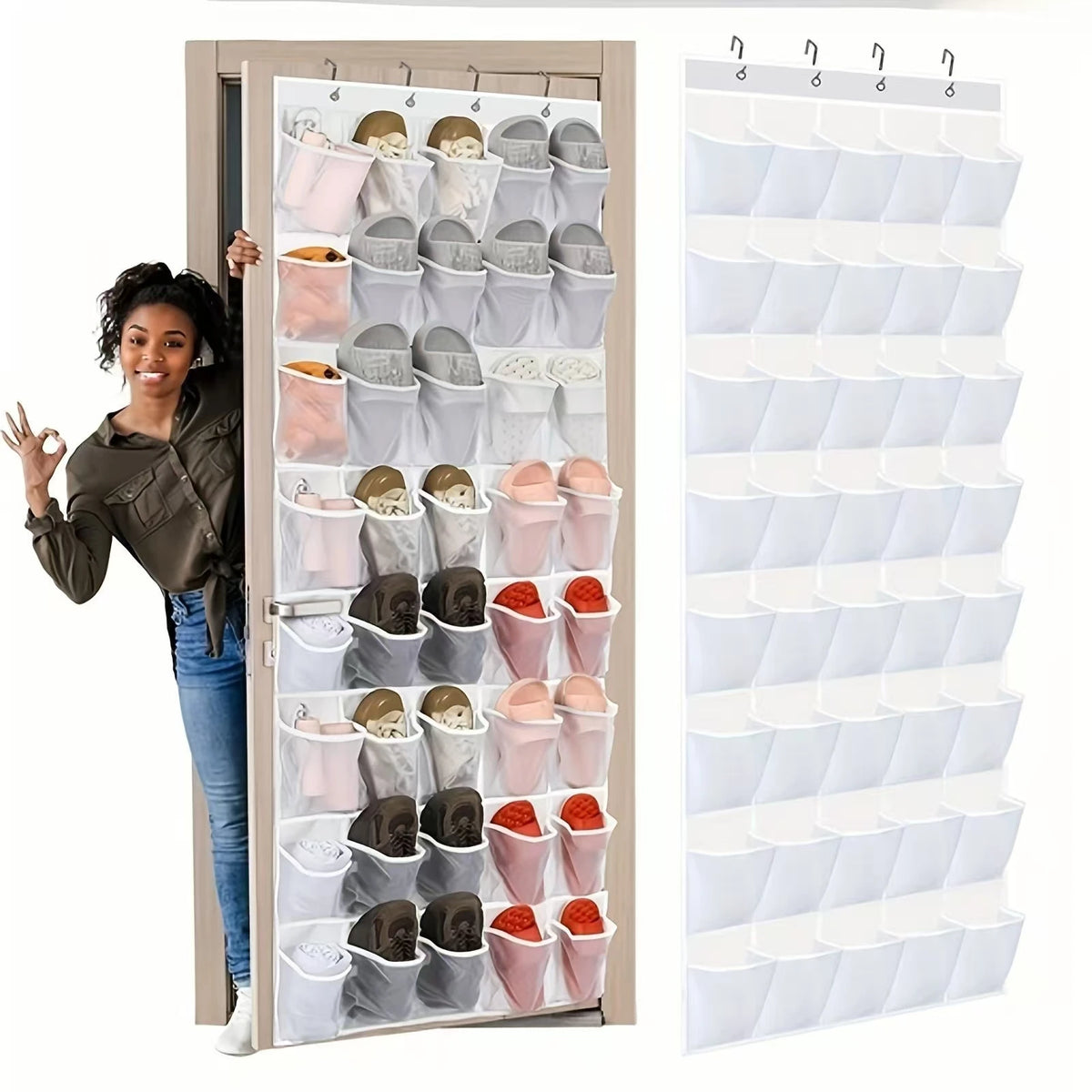 A vertical over-the-door shoe organizer with multiple hanging pockets for shoes.