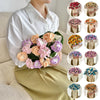 A hand knitted floral rose bouquet displayed alongside various color variations of the flowers.