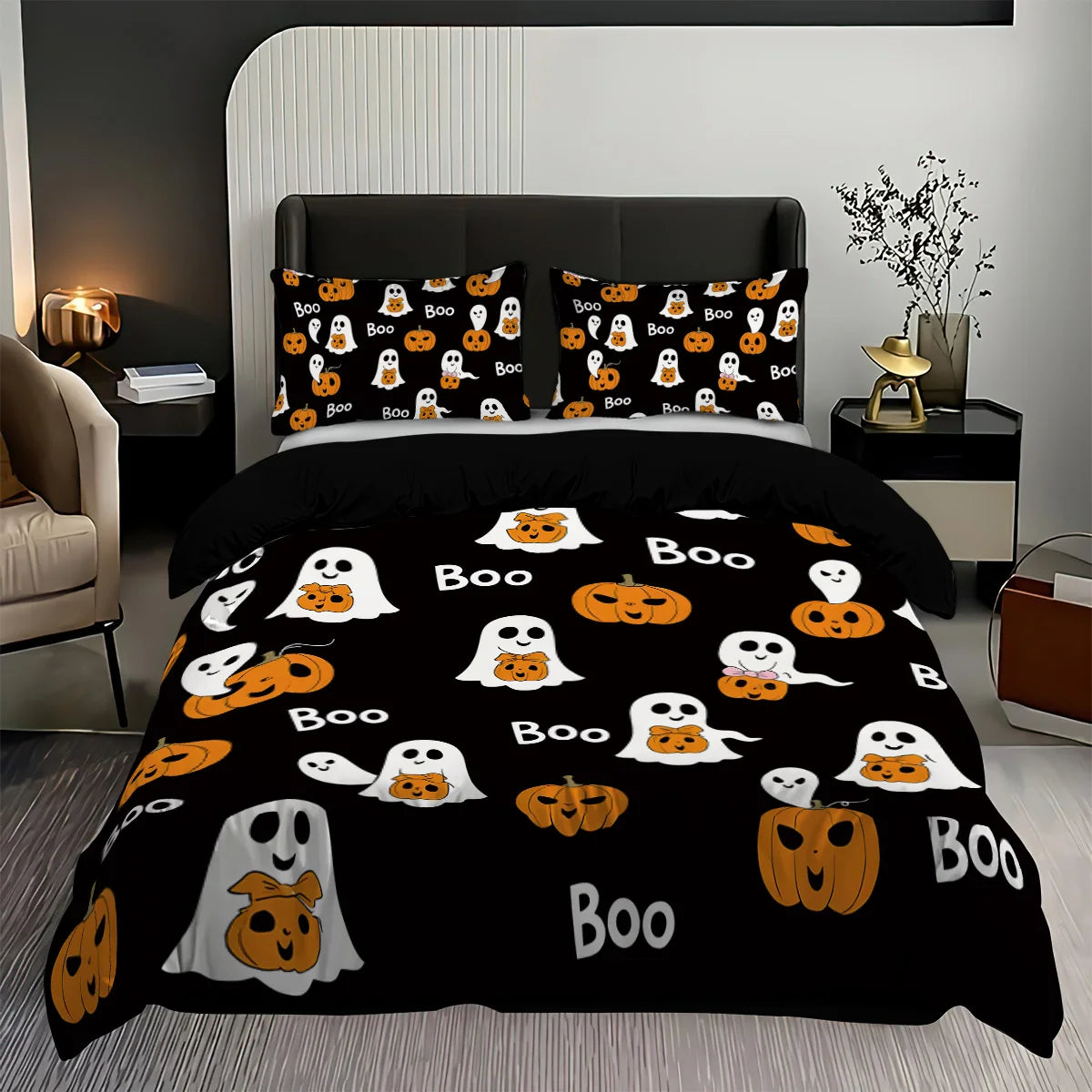 Black duvet cover set featuring an all-over pattern of white and orange ghosts and pumpkins.