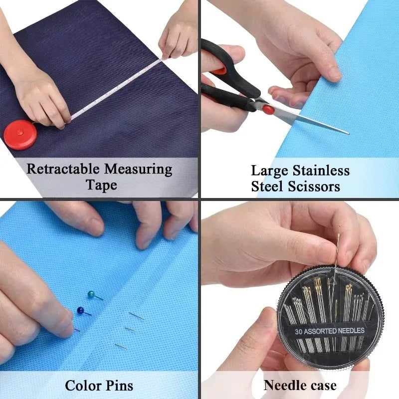 A collection of sewing tools including a retractable measuring tape, large stainless steel scissors, and color pins in a need