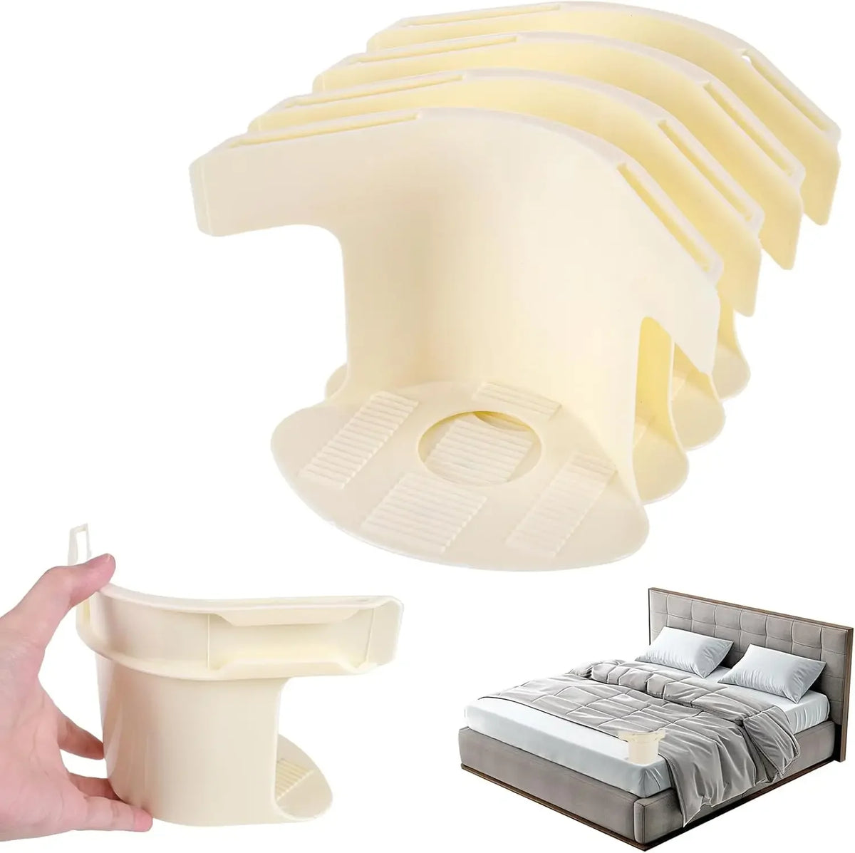 A set of beige invisible bed sheet fixing clips shown with a hand and a folded bed.