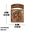 An embroidered tactical patch featuring the word AIRBORNE and a circular design on a camouflage background.
