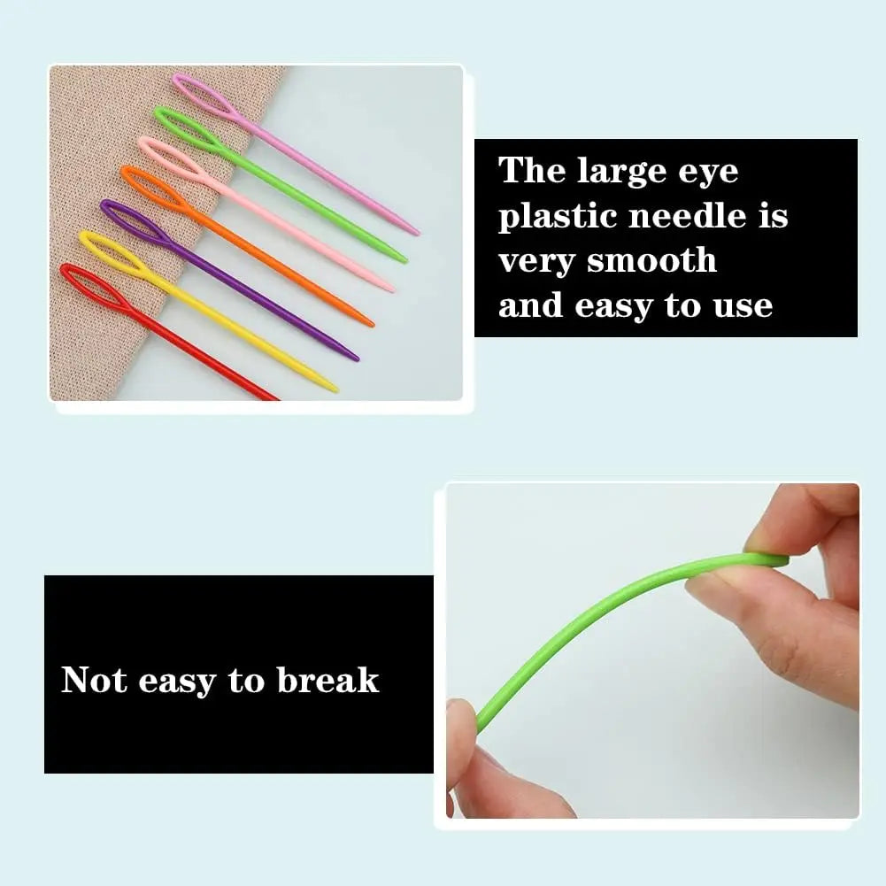 A collection of colorful plastic sewing needles with large eyes shown alongside text emphasizing their smoothness and ease of