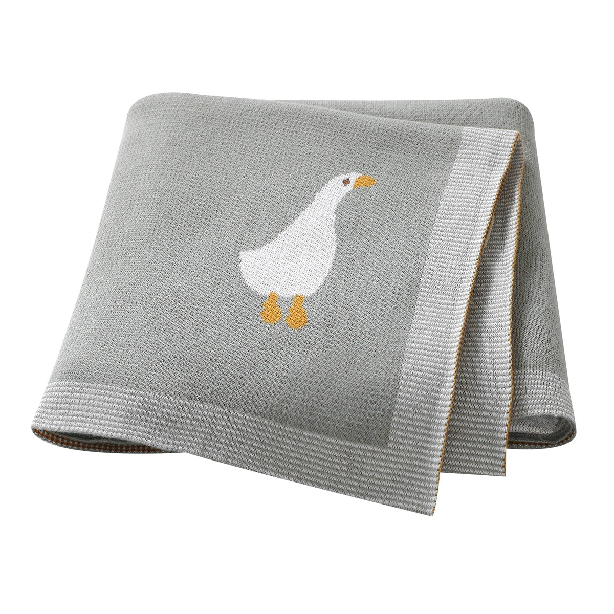 A gray cotton infant blanket with a white duck silhouette on it.