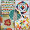 A collection of colorful quilt patterns featuring geometric and floral designs, including a precision acrylic quilting ruler.