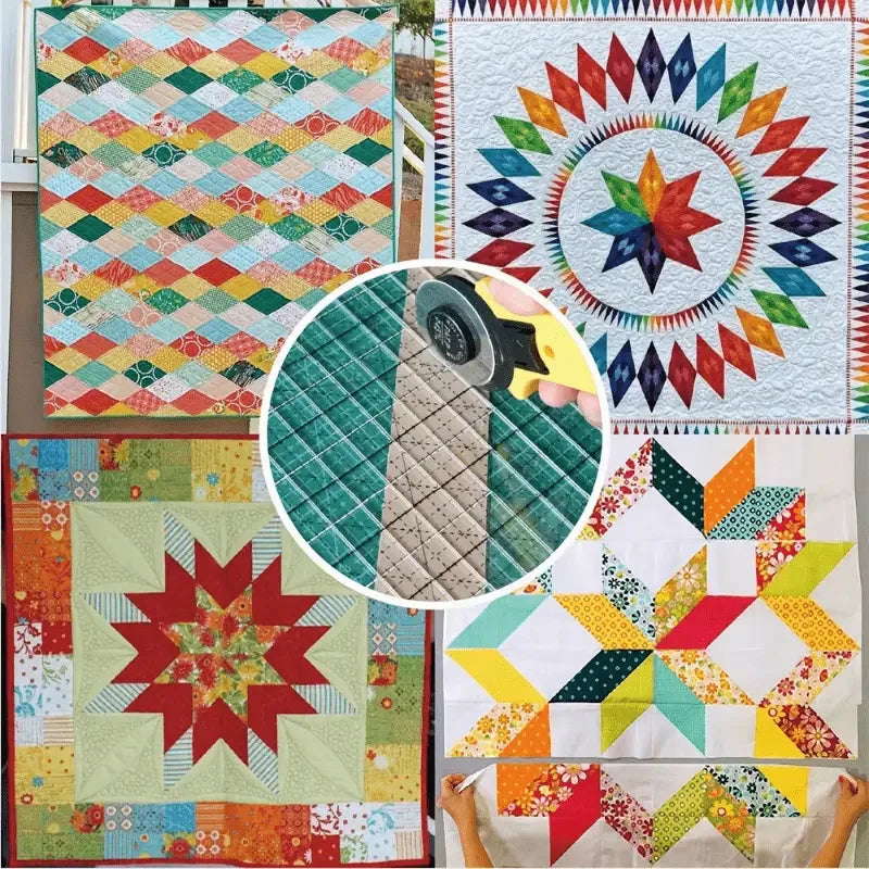 A collection of colorful quilt patterns featuring geometric and floral designs, including a precision acrylic quilting ruler.