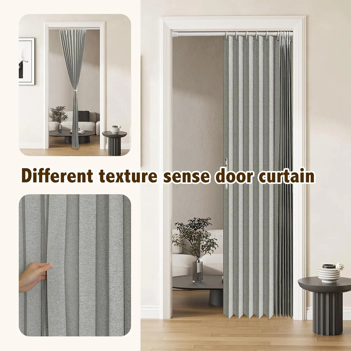 A gray magnetic accordion pleated door curtain shown in a doorway, highlighting its texture and drape.