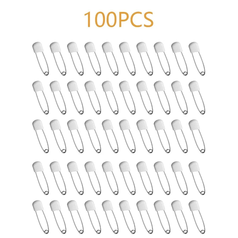 A collection of 100 stainless steel diaper pins with safety locking closures.