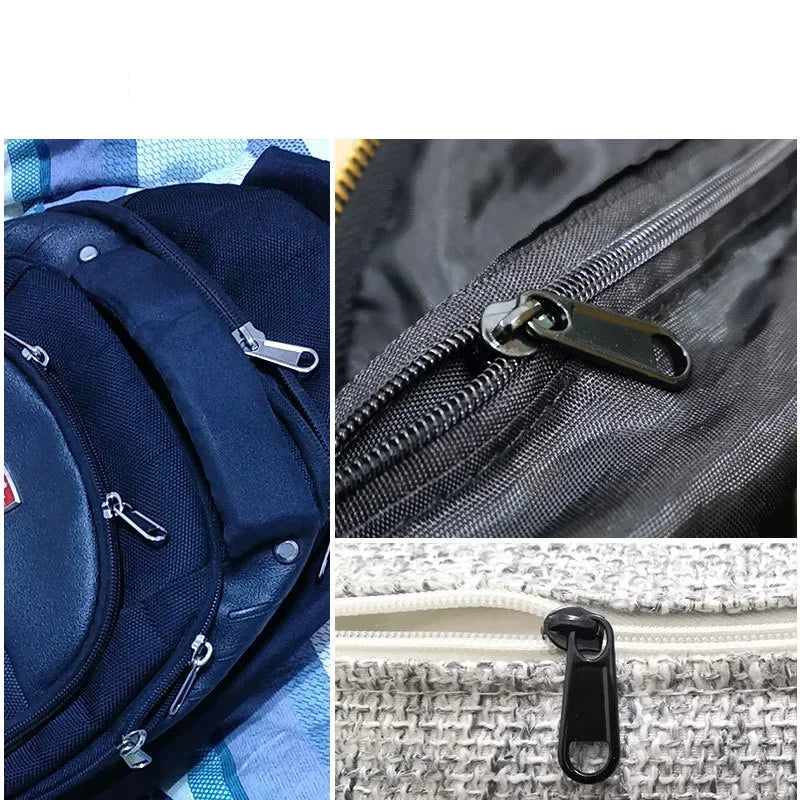 Close-up view of a dark blue backpack showing various zipper repair components and replacement sliders.