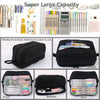 A large capacity fabric pencil pouch showing various stationery items organized in front, bottom, and back views.