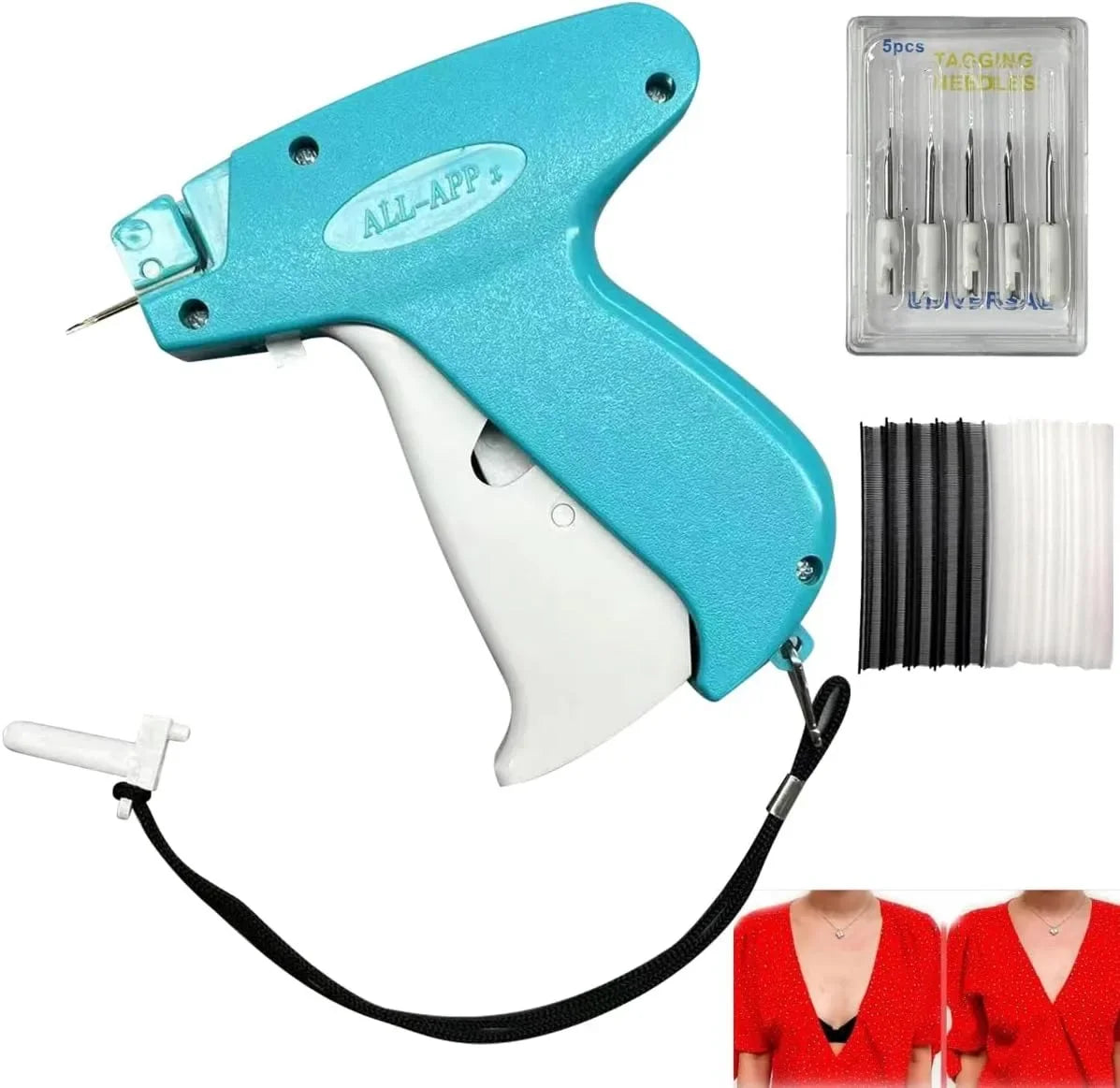 A teal micro stitching gun with a white handle and black cord, shown next to replacement needles.