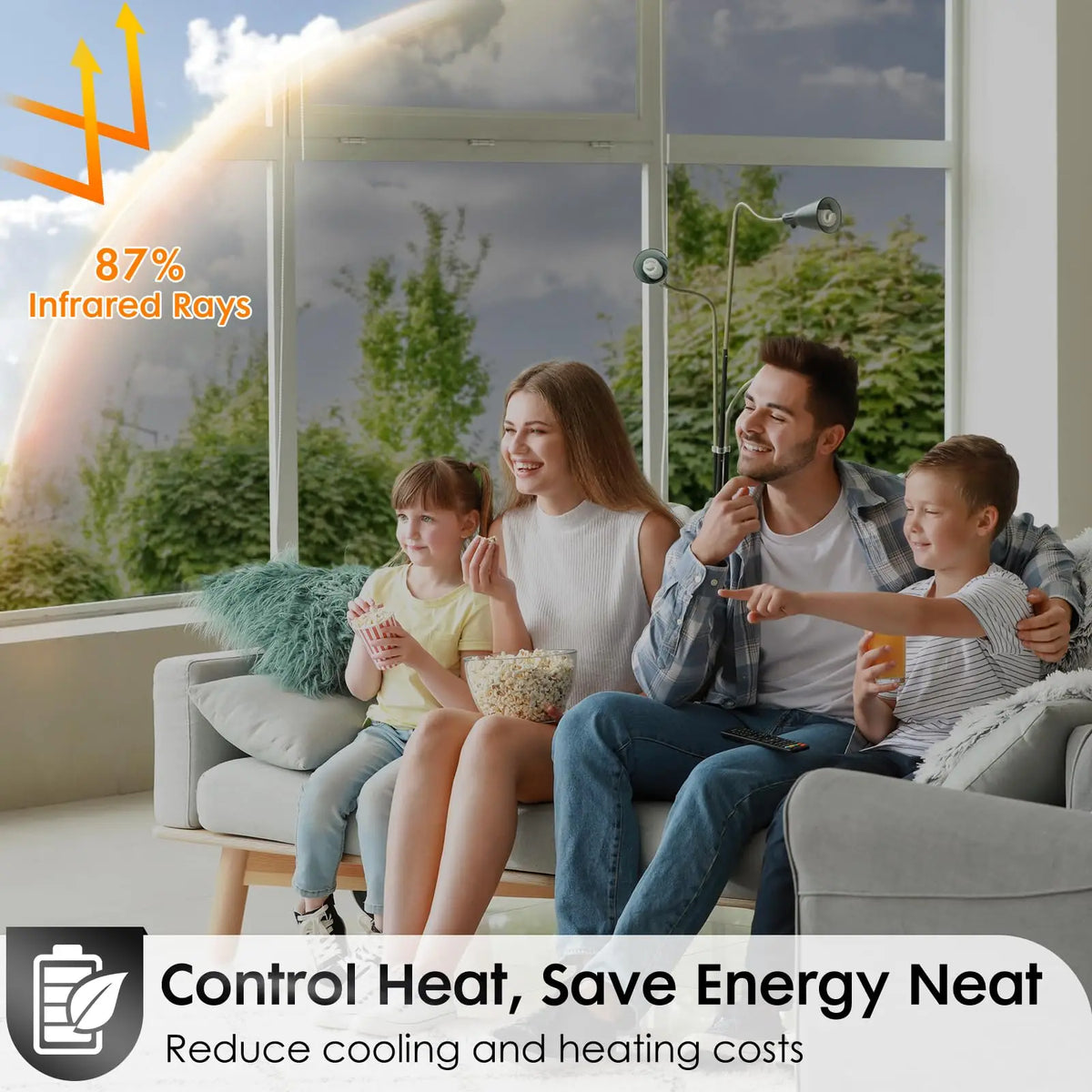 A family is relaxing indoors while a window film is visible, showing 87% infrared rays blocked.