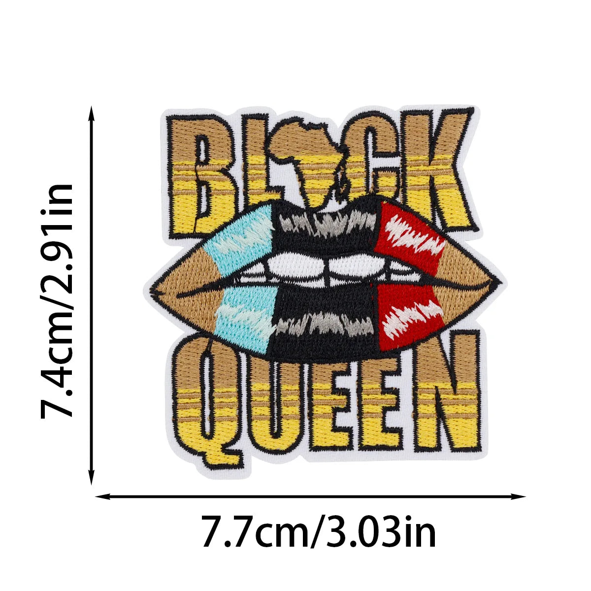 Embroidered patch featuring a cartoon face with black and white lips and the word QUEEN.