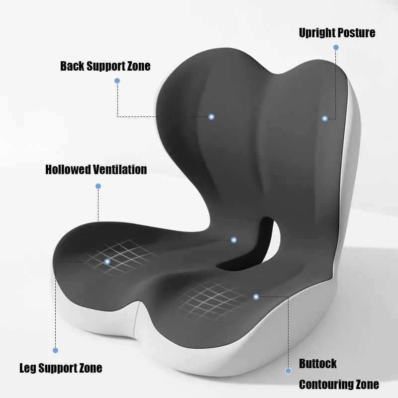 A gray ergonomic memory foam lumbar seat cushion showing various support zones like back, ventilation, leg, buttock, and cont