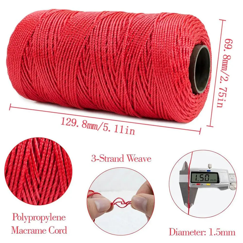 Red polypropylene macrame cord in a spool with a 1.5mm diameter and 69.8mm length.