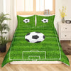 A green football-themed duvet cover set featuring a soccer field design on a bed.