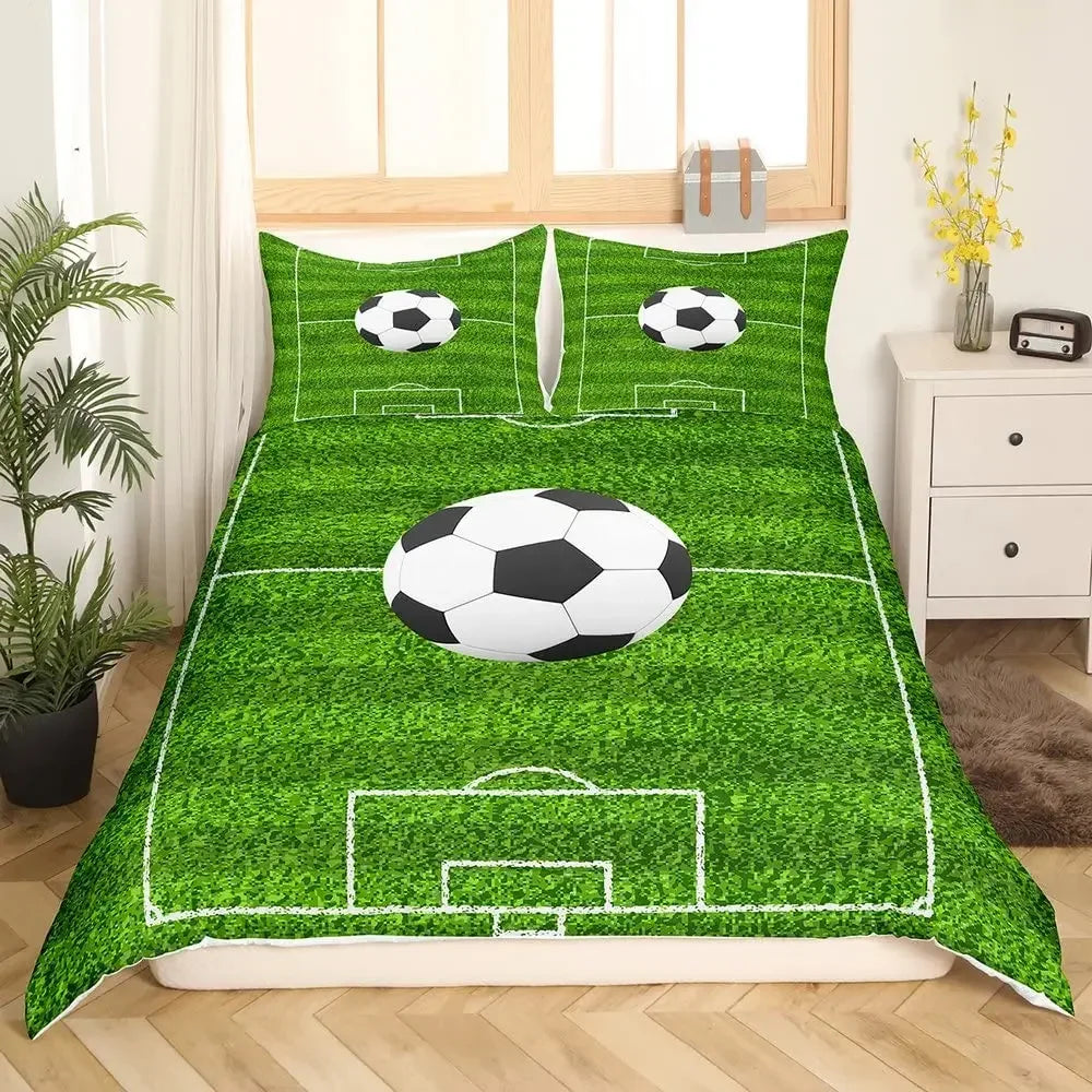 A green football-themed duvet cover set featuring a soccer field design on a bed.