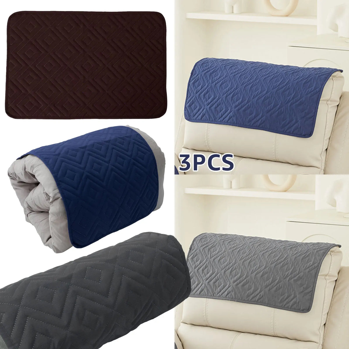 Three sets of navy blue and gray quilted headrest protector covers for a recliner.