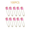 A collection of 100 pink stainless steel diaper pins with safety locking closures.