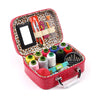 A red leather sewing kit box with a leopard print lining, containing various sewing tools and needles.