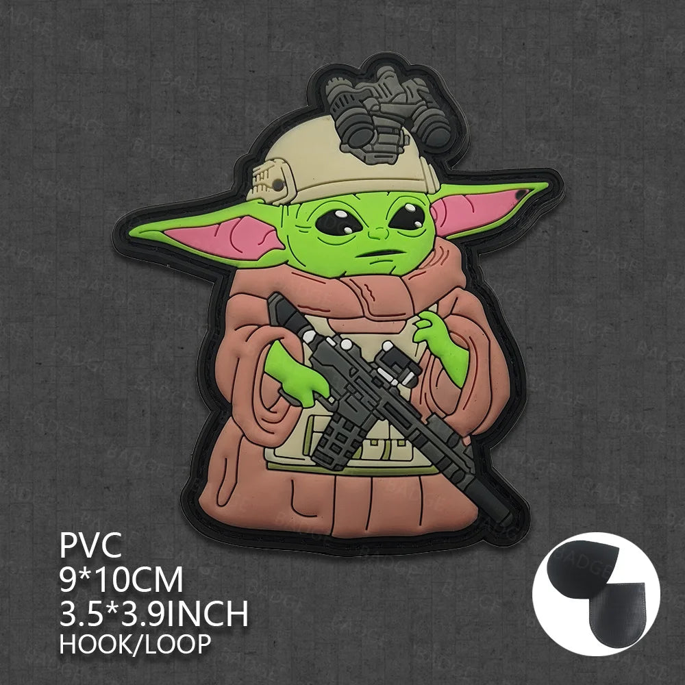 A vinyl sticker of Grogu from Star Wars wearing a brown jacket and holding a rifle