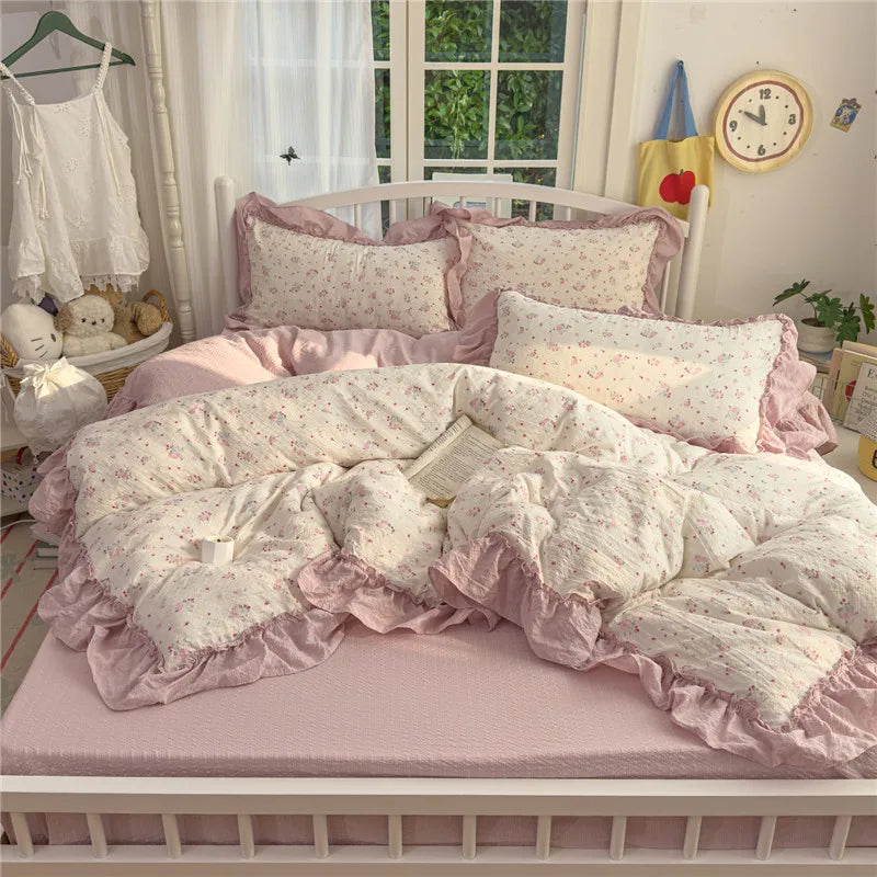A pink princess style bedding set featuring ruffled fabric and white floral patterns on a bed.