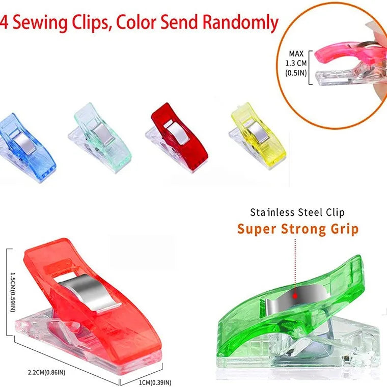 A set of four sewing clips in various colors, including blue, green, red, and yellow, demonstrating a strong grip.