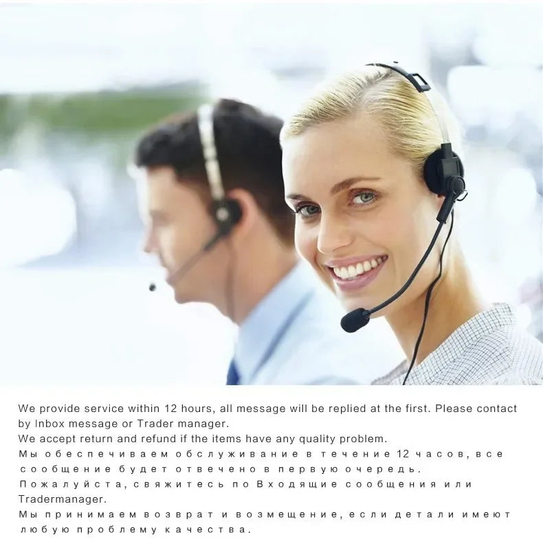 A smiling woman wearing a headset is looking at the camera, with a blurred man in the background.