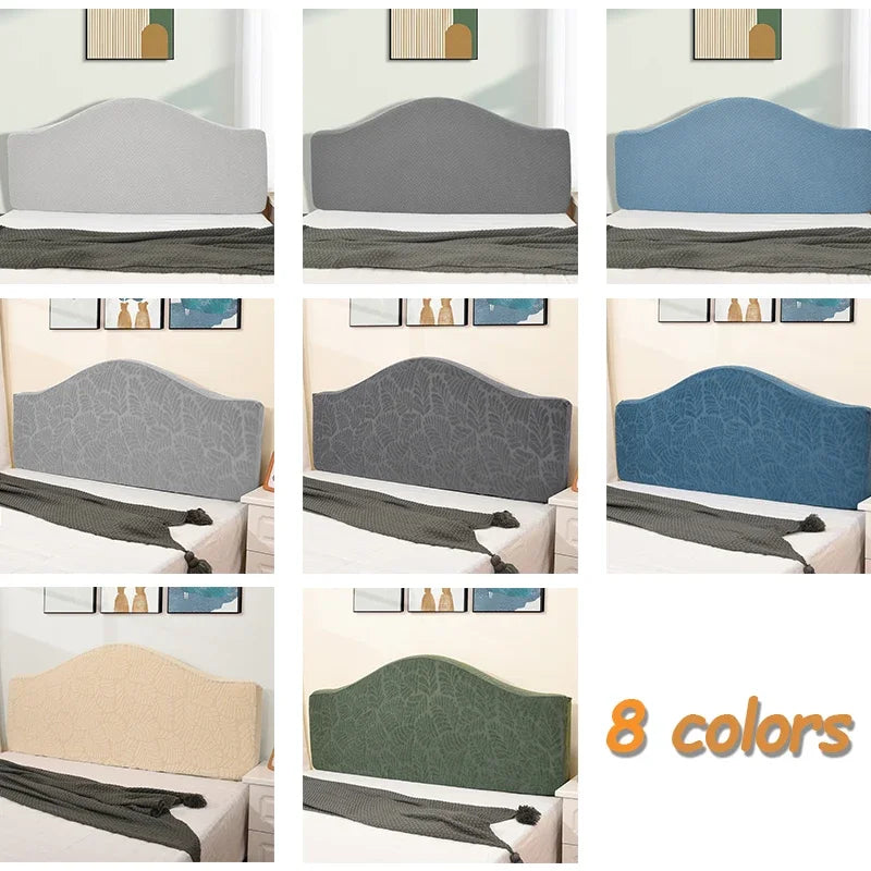 A collection of eight soft elastic headboard covers in various shades of gray and blue.