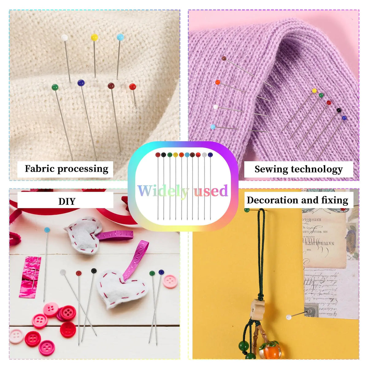A collection of glass head straight pins used for fabric processing, sewing technology, DIY projects, and decoration.