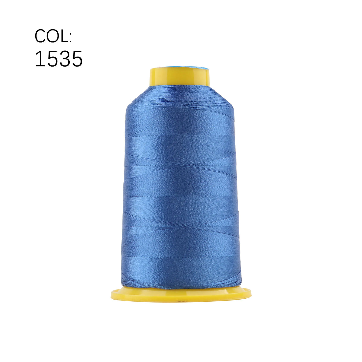 A spool of blue embroidery thread with a yellow cap.