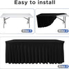 Three steps showing how to install a black stretchable waterproof rectangle tablecloth on a table.