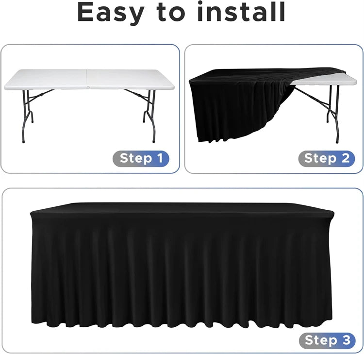 Three steps showing how to install a black stretchable waterproof rectangle tablecloth on a table.