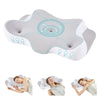 A gray ergonomic memory foam neck pillow with a light blue cooling cover shown in various angles.