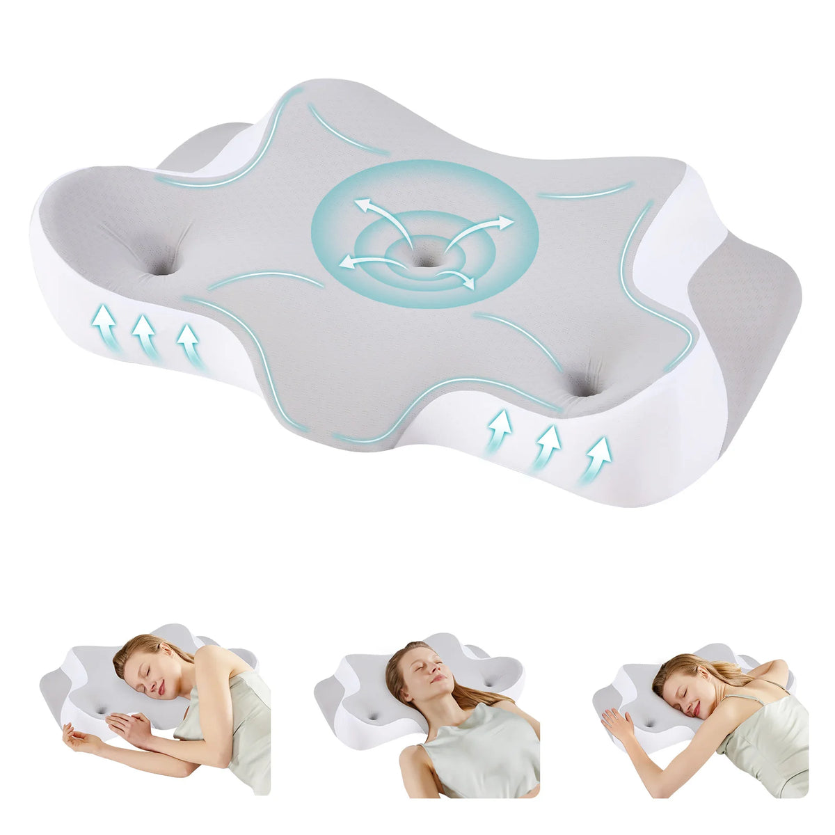 A gray ergonomic memory foam neck pillow with a light blue cooling cover shown in various angles.